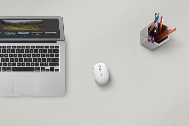 Laptop and mouse on desk